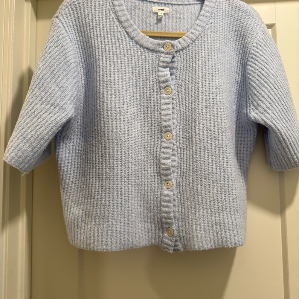 Aerie unREAL Short Sleeve Cardigan in eyelet blue